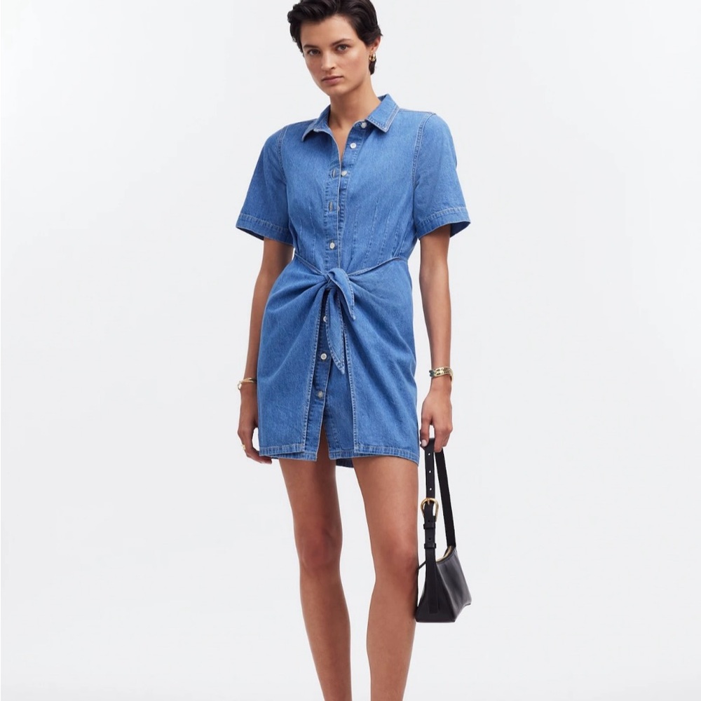 Madewell Short Sleeve Button Down Denim Dress with Front Tie Detail